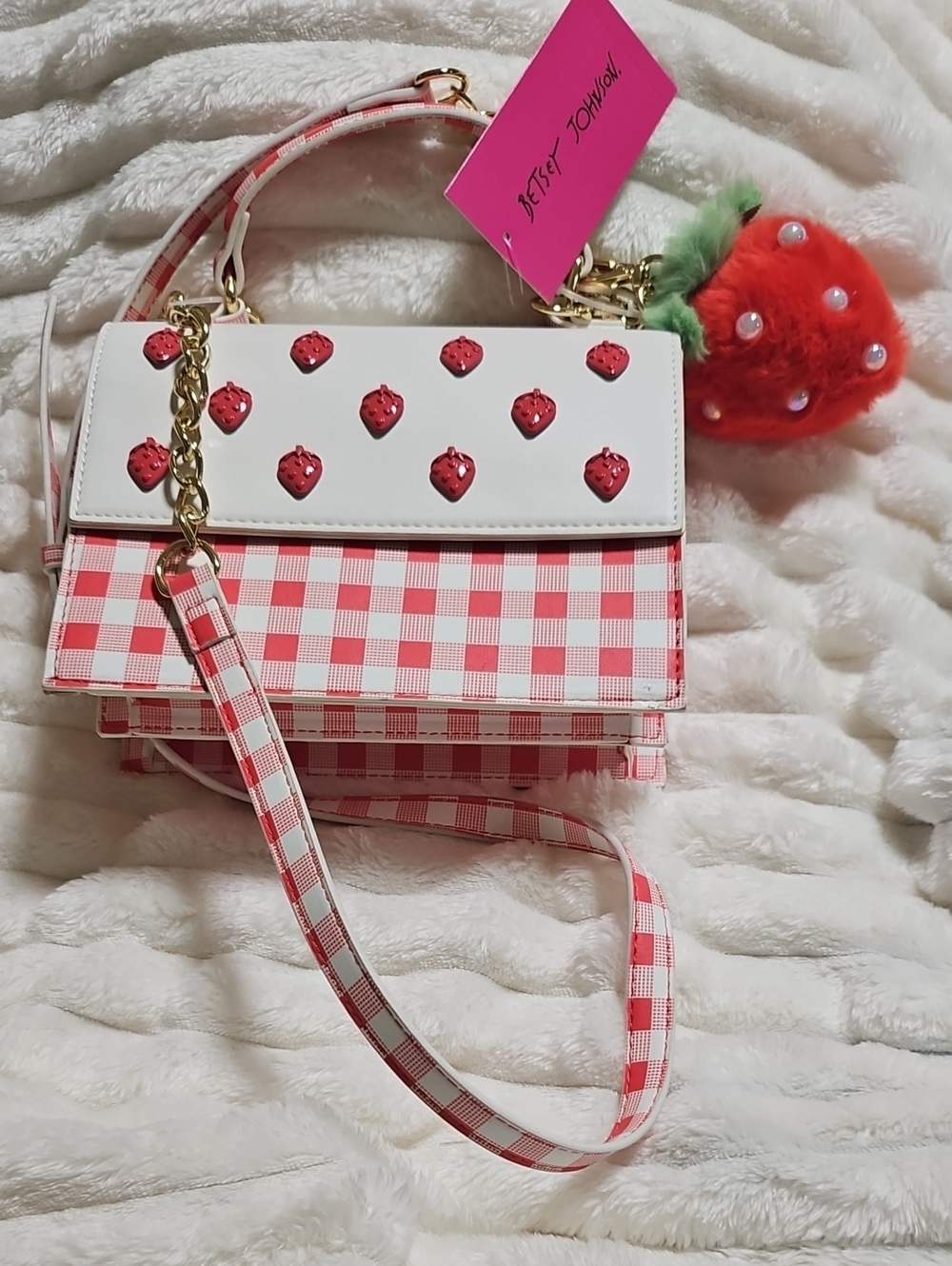 Betsey Johnson Strawberry Crossbody Bag with Charm. Gingham Red And White